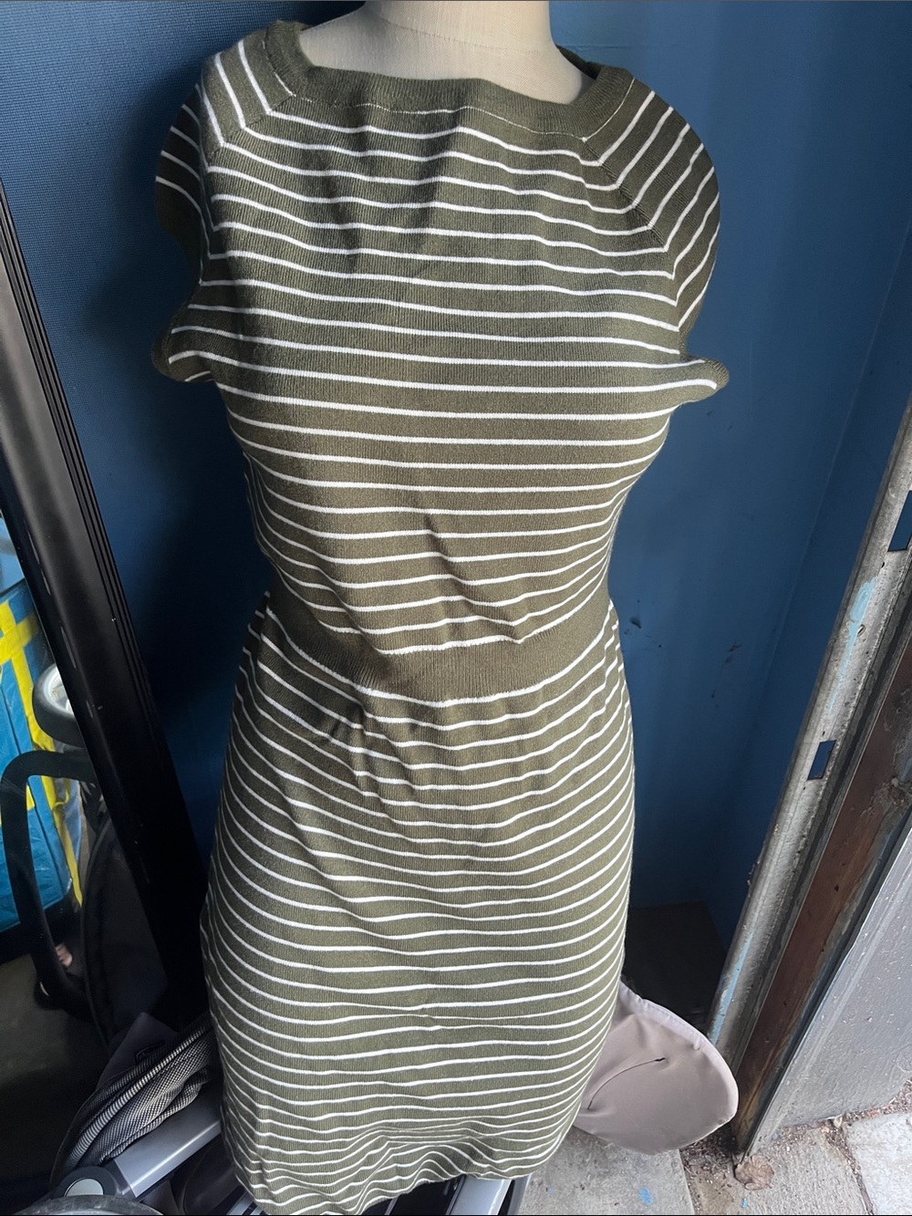 Women's Olive Green and White Striped Knit Dress